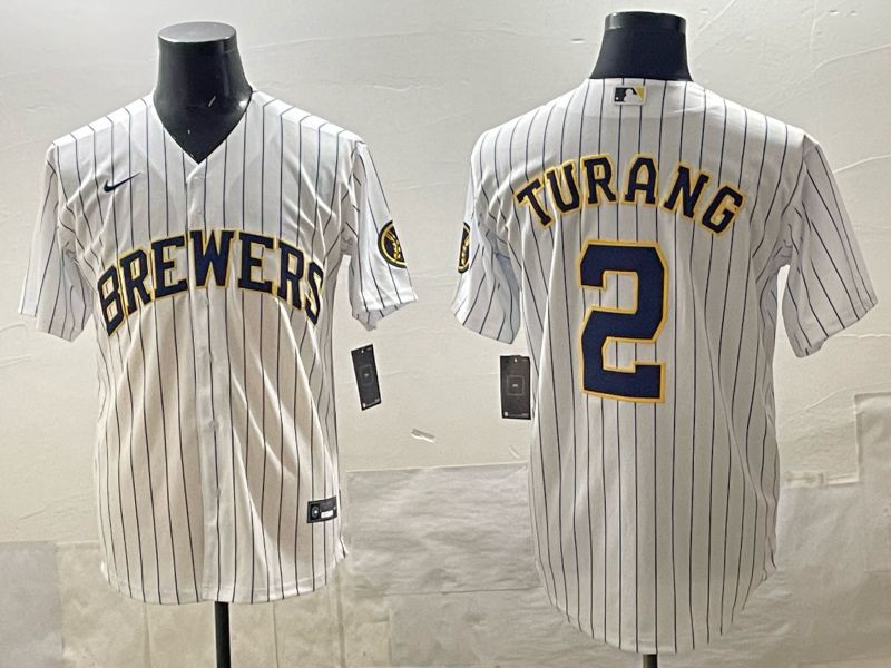 Men 2025 Milwaukee Brewers #2 Turang White Stripe 2025 Nike MLB Jersey 011